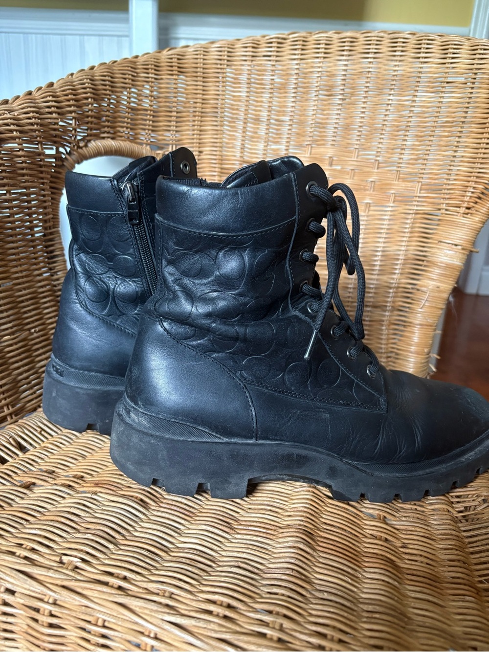 Coach Black Lace-Up Combat Boots with Side Zipper - Picture 2 of 8